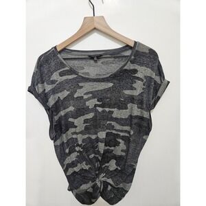 Lucky Brand Camo Twist Front T-Shirt Gray Black Camouflage Cap Sleeve Top Large